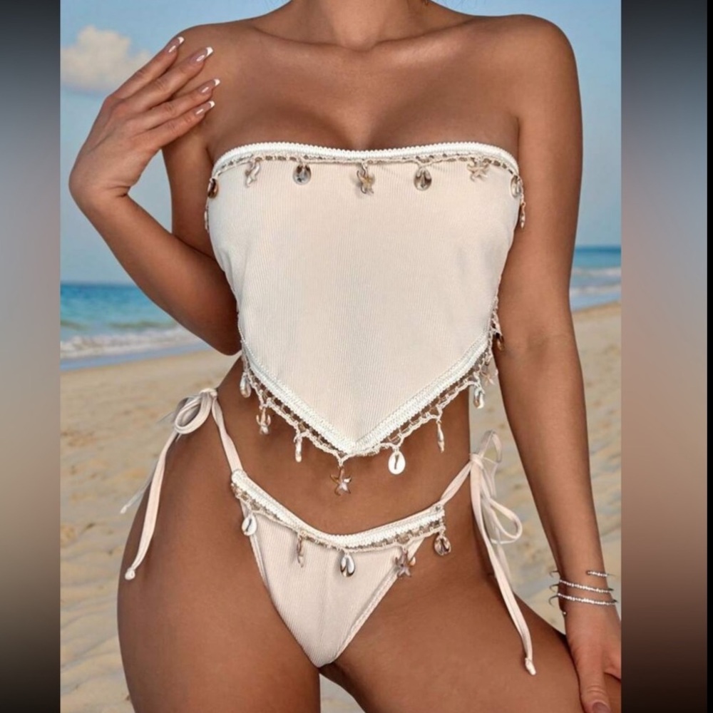 Boho Shell Trim Bandeau Bikini Set Cream Tie Side Swim S M L